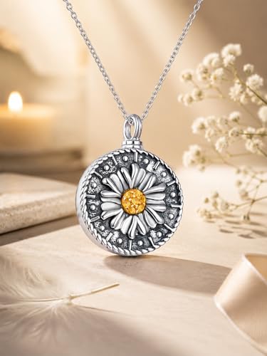 KINGWHYTE Urn Necklace for Ashes S925 Sterling Silver Cremation Jewelry for Ashes of Loved Ones Keepsake Memorial Pendant for Women - style: Sunflower(Personalized)