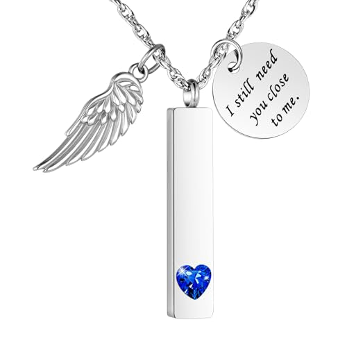 XIUDA Cremation Jewelry for Ashes with Angel Wing Charm Vertical Bar Urn Necklace Stainless Steel Memorial Keepsake Pendant for Women - color: Blue