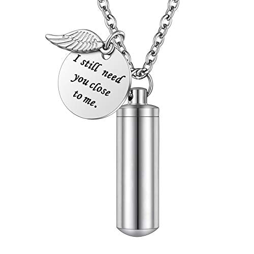 abooxiu Cylinder Urn Necklace for Ashes Cremation Jewelry/Keychain for human Pet Stainless Steel Memorial Keepsake Pendant with Angel Wing Charm Ashes - color: Silver-M