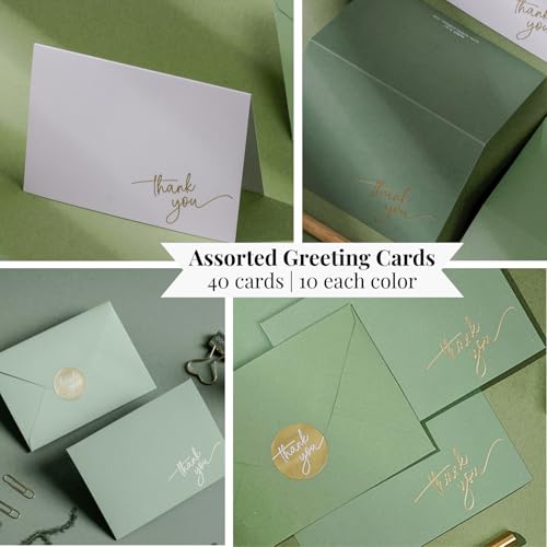 Gold Foil Thank You Cards - Bulk Pack of 40, 5x3.5 Inch with Matching Stickers & Envelopes (Green) Textured Surface for a Unique Feel - Suitable for Baby Shower, Wedding, Small Business, Graduation | 5 x 3.5 Inches, Green Textured Surface, Thank You Stick