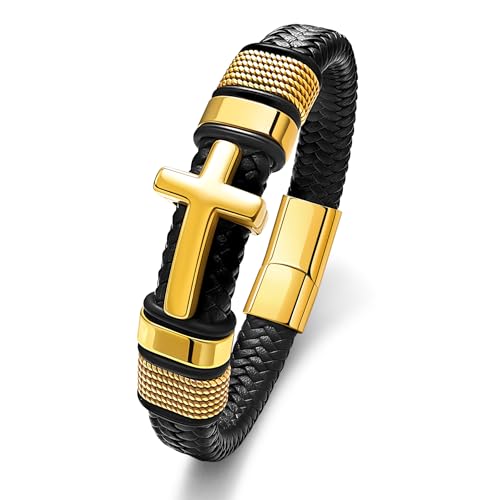 Black Cross Cuff Bracelet for Men,Stainless Steel Braided Leather Bible Verse Bracelet with Joshua 1:9 Inspirational Faith Gift for Dad,Brother,Son,family,Religious Baptism and Confirmation Gifts - color: F-Gold Plated Cross, size: 8.3 Inches