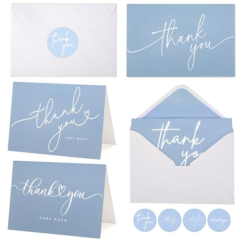 100 Bulk Light blue Thank You Cards with white Envelopes and stickers - 4 Minimalistic Designs Blank Thank You Notes with Envelopes for business Wedding Bridal Gift Baby Shower Business Graduation - color: Light blue