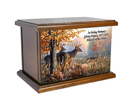 Wooden Cremation Urn for Human Ashes, Personalized Hunter's Elk, Deer Urns. | Tranquil forest scene with deer family artwork symbolizing love, innocence, and grace.