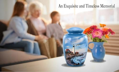 Lighthouse Urn - Full Size Portland Head Lighthouse Cremation Urn – Adult Urns for Men and Women – Ocean Blue Funeral and Memorial Urns for Human Ashes Upto 210 Lbs with Velvet Bag (Large)