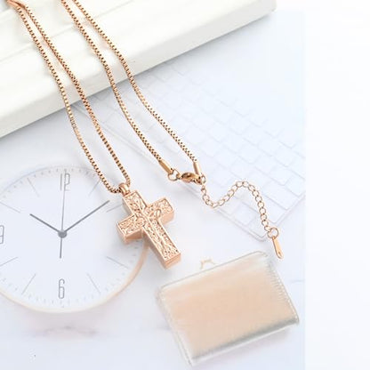 XSMZB Cross Urn Necklace for Ashes for Women Men Tree of Life Cross Cremation Jewelry Keepsake Pendant for Ashes of Loved One - color: Rose Gold