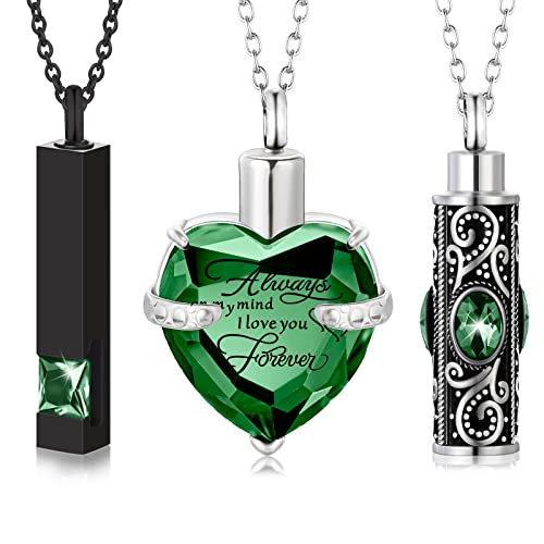 MTLEE 3 Pieces Cremation Urn Necklace for Ashes Vertical Bar Zircon, Heart Crystal Necklace Urn Stainless Steel Waterproof Memorial Pendant - color: Green Zircon