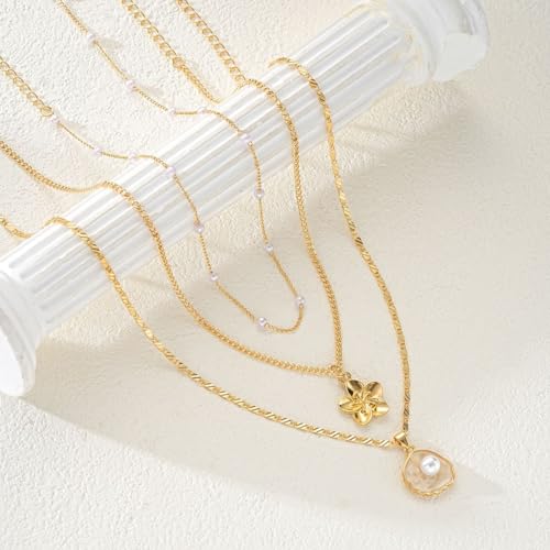 Silver/Gold Plated Angel Wing Pendant Necklace for Women Men | 18K Gold Guardian Angel Wings Feather Necklace Stainless Steel Simple Minimalist Necklaces Birthday Christmas Jewelry Gifts - color: Gold Flower & Pearl