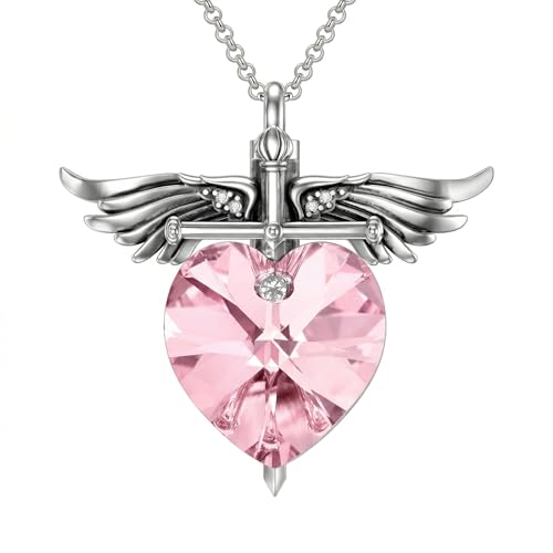 SOULMEET Memorial Wings Necklace for Ashes with Large Heart Crystal Birthstone, Angel Wings Urn Necklaces with Heart Shaped Birthstone Keepsake Silver Cremation Jewelry - style: J-October