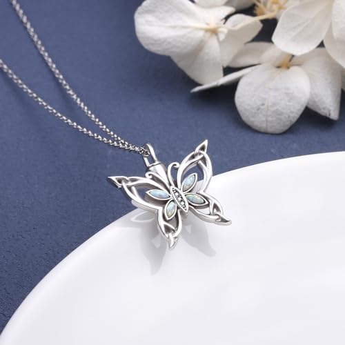 925 Sterling Silver Urn Necklaces for Women Claddagh/Angel Wings/Guitar/Butterfly/Tree of Life Ashes Memorial for Loss Keepsake Jewelry Present Easter Day of the Dead - style: Butterfly-Opal