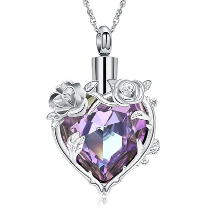 Cremation Jewelry for Ashes Rose Flower Urn Necklace with Crystal Heart Ashes Pendant Butterfly Necklaces for Women Men Memorial Keepsake Jewelry Gift - color: SilverB-purple