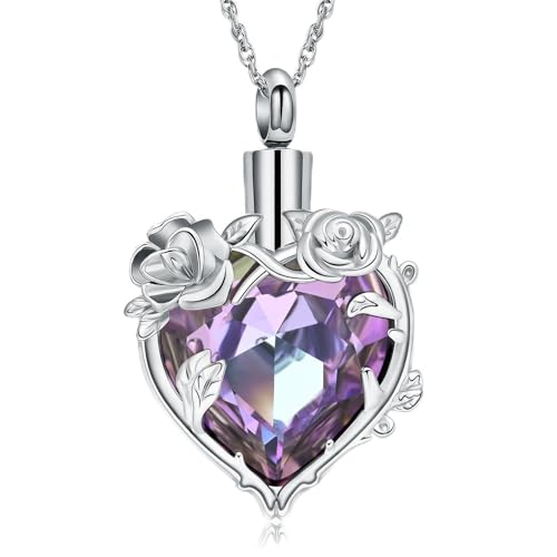 Cremation Jewelry for Ashes Rose Flower Urn Necklace with Crystal Heart Ashes Pendant Butterfly Necklaces for Women Men Memorial Keepsake Jewelry Gift - color: SilverB-purple