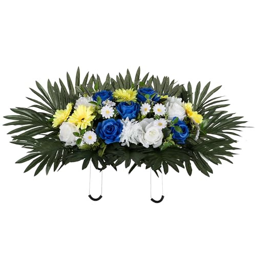 Headstone Flower Saddle for Cemetery: Tombstone Flowers for Grave | Yellow, White, and Royal Blue, Roses, Sunflowers, Fake Silk Funeral Floral Arrangements, Cemetery Saddles for Headstones - color: Yellow White & Royal Blue