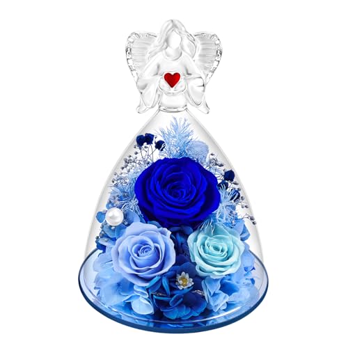Preserved Flowers in Glass Angel Figurine with LED Light,Forever Real Roses Prime Eternal Flower Birthday Glitter Decorations for Her Women Mom Grandma Sister (Blue) - color: Blue