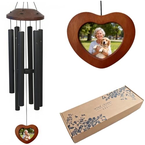 Memorial Wind Chimes 32 Inch for Loss of Loved One - Personalized with Heart Photo Frame, Sympathy Gift Bereavement Gift for Garden Remembrance Decor, Deep Tone Outdoor Wind Chime, Black