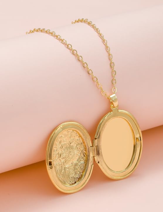 Locket Picture Pendant Heart Necklace,Retro Carved Flower Relief Pattern Oval Center Necklace Souvenir Memorial Clavicle Jewelry for Women - color: gold oval