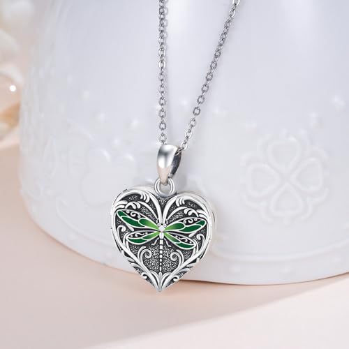 Heart Photo Locket Necklace Sterling Silver for Women | Dragonfly, Butterfly, Turtle, Dog Paw and Mother Daughter Styles, Jewelry Gifts for Mom Christmas Birthday Anniversary. - style: 1-Dragonfly-Green