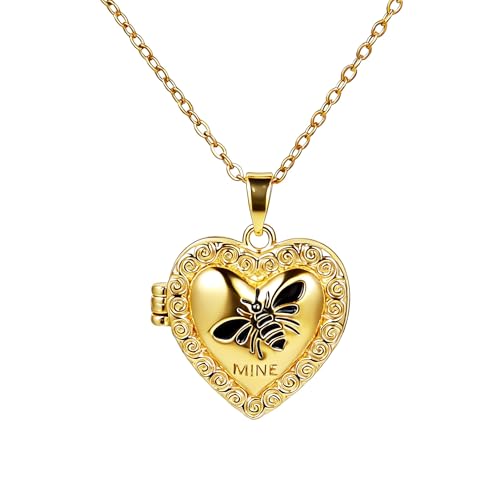 Vintage Gold Heart Locket Pendant Necklace - Engraved Bee Photo Locket Holds Pictures, Gold Plated Antique Memorial Locket Necklace Charms Carved Pattern Souvenir Memorial Clavicle Jewelry for Women - color: Black bee
