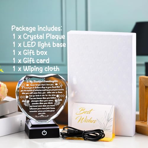 Arikyrist Crystal Heart Keepsake Granddaughter Gifts from Grandma Grandpa | Granddaughter Birthday Present Plaque, on Christmas Wedding Graduation Mothers Day Valentines Day, LED Light Base, Room Decor - color: Granddaughter