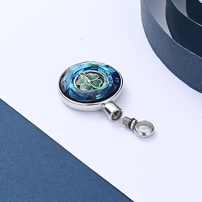 constantlife Cremation Jewelry Memorial Urn Necklace for Ashes Lucky Four-Leaf Clover Design Stainless Steel Pendant Keepsake - color: Z-Blue Crystal