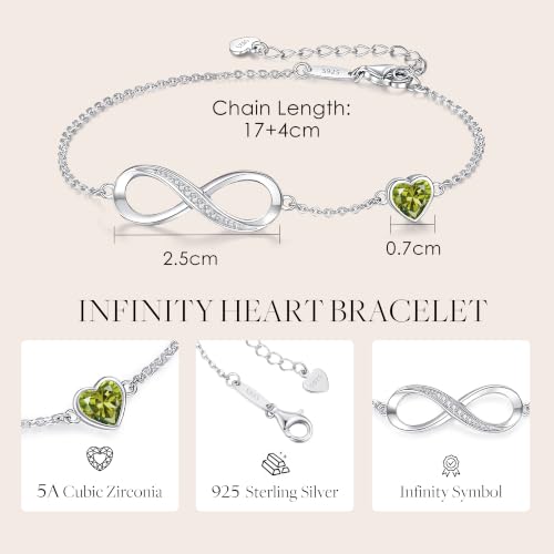 CDE 925 Sterling Silver Infinity Birthstone Bracelet Jewelry Gift for Women | Hypoallergenic,Non Tarnish,Heart CZ,Nickel-Free & Lead-Free,Anniversary Christmas Birthday Idea Gifts for Wife Girlfriend Her - color: 08-Aug.