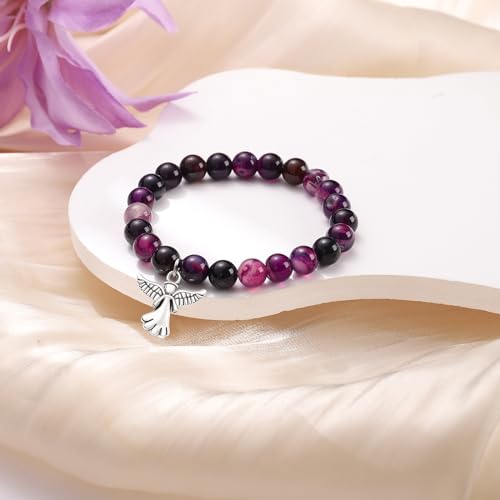 Sympathy Gifts for Loss of Loved one Memorial Healing Remembrance Condolence Grief Present for Women Pink Beads Bracelet With Angel Wings - style: Amethyst-Angel-With Heartfelt Sympathy
