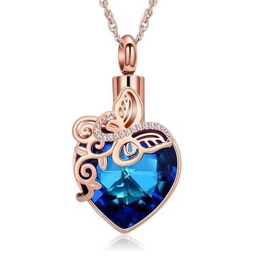 shajwo Butterfly Heart Urn Necklaces Cremation Jewelry for Ashes for Women Men Memorial Human Ashes Pendant - color: 1-Rose Gold-Blue