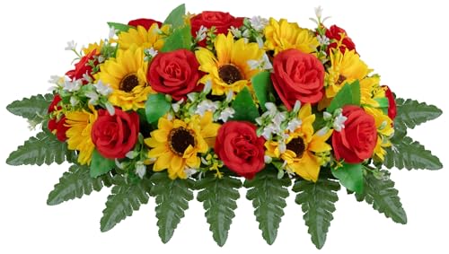 XIAYAN Artificial Cemetery Flowers Saddle for Headstone, Realistic Yellow Sunflower & Red Rose - Outdoor Grave Decorations with Non-Bleed Colors (Yellow+Red Saddle) - color: Yellow+red Saddle