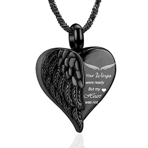 Yinplsmemory Love Heart Urn Necklace for Ashes Keepsake Memorial Cremation Jewelry Stainless Steel Angel Wing Heart Urn Locket Ashes Holder Memorial Urn Jewelry for Human/Pet Ashes - color: Black