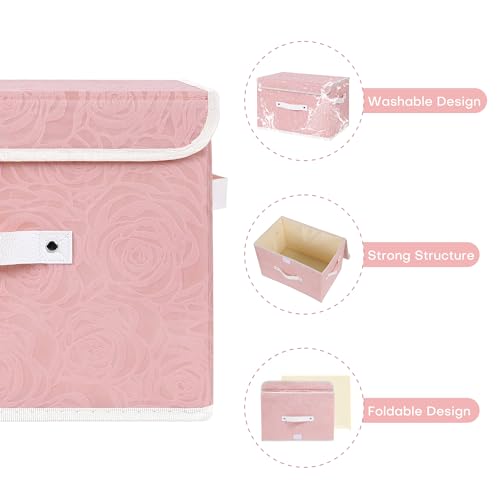 ANMINY Fabric Storage Box Bins with Lids, Rose Print, Pink, 4PCS Small | Keepsake Memory Storage, Nonwoven Fabric, PP Board Frame, Washable, PU Handles, Foldable Stackable, Decorative, 10"x8"x7" - size: Small (Pack of 4)