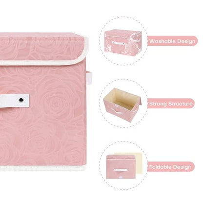 ANMINY Fabric Storage Box Bins with Lids, Rose Print, Pink, 4PCS Small | Keepsake Memory Storage, Nonwoven Fabric, PP Board Frame, Washable, PU Handles, Foldable Stackable, Decorative, 10"x8"x7" - size: Small (Pack of 4)