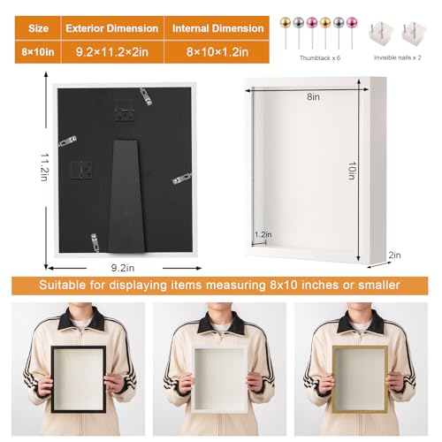 8x10Shadow Box Frame with Ultra-Clear Glass & Soft Linen Back | With Push Pins and Stand, Deep 1.2" White Shadow Box Display Case – Display on Tabletop or Wall for Photo, Flower, Keepsakes - color: White+high Definition Panel + Shatter-proof Packaging, si