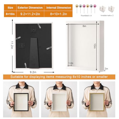 8x10Shadow Box Frame with Ultra-Clear Glass & Soft Linen Back | With Push Pins and Stand, Deep 1.2" White Shadow Box Display Case – Display on Tabletop or Wall for Photo, Flower, Keepsakes - color: White+high Definition Panel + Shatter-proof Packaging, si