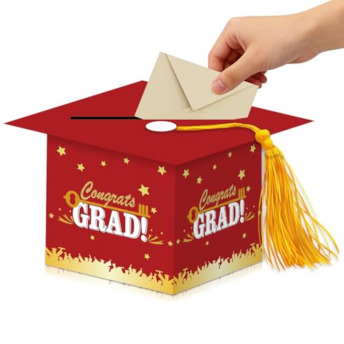 Graduation Card Box with Tassel – Cardboard Grad Card Holder for Graduation Party Decorations 2026, Large Capacity Money Box for Gift Cards Red - color: Red