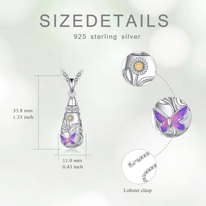 925 Sterling Silver Urn Necklace for Ashes, Teardrop/Tree of Life/Sunflower/Dragonfly/Sea Turtle/Celtic Knot/Elephant/Hummingbird Memorial Cremation Pendant Necklaces for Animal Human Ashes - color: N: Butterfly