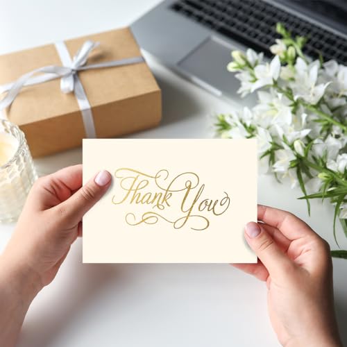 Designer Greetings Bulk Blank Thank You Cards for All Occasion, 100 Pack - size: 100 Pack Thank You Script - Beige & Gold