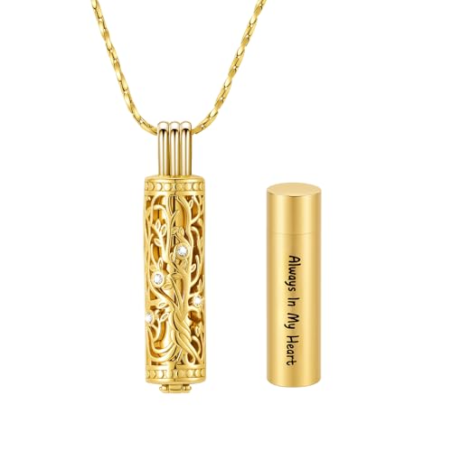 Cylinder Urn Necklace Crystal Tree of Life Cremation Jewelry Pendant for Women Men Vial Cremation Ash Pendant Loved One Memorial Jewelry with Mini Keepsake Urn Ash - Always In My Heart - color: All Gold-Always In My Heart