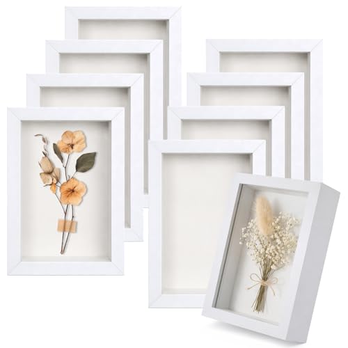 8 Pcs Shadow Box Frame, 4 x 6 Inch 3D Shadow Boxes Display Cases 1.2in Depth Picture Frame Case Wood Memory Display Cases for Dried Flowers DIY Craft Memorabilia Medals Photos(White) - color: White