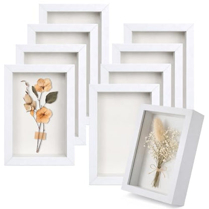 8 Pcs Shadow Box Frame, 4 x 6 Inch 3D Shadow Boxes Display Cases 1.2in Depth Picture Frame Case Wood Memory Display Cases for Dried Flowers DIY Craft Memorabilia Medals Photos(White) - color: White