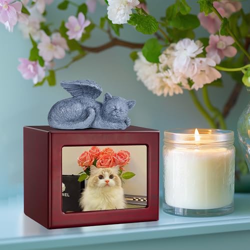 Cat Urn for Ashes, Wooden Keepsake for Ashes with Photo Frame | Cherry Red Cremation Box with Resin Angel Statue and Sealed Storage Bags (60lbs)