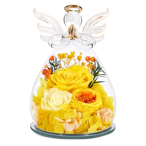 Bessol Gifts for Women Birthday Gifts for Mom Flowers for Delivery Fresh Eternal Preserved Rose Forever Flower in Glass Angel Figurines Gift Anniversary for Grandma Wife Sister Daughter Friends - color: Yellow (Rose, Austin, Baby's Breath, Hydrangea)