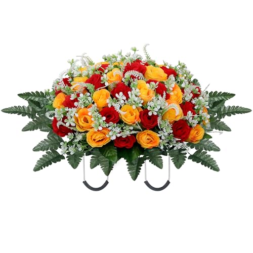 Headstone Flower Saddle,Large Artificial Cemetery Flowers for Grave,Cemetery Memorial Flowers for Outdoor Tombstone Decorations(Red Yellow) - color: Red Yellow