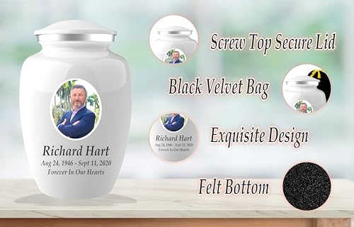 Personalized Photo Cremation Urns for Adult Ashes Male Female - 200lbs Custom Photo Burial Urns for Human Ashes - Engraved Handcrafted Funeral Decorative Urns for Adult with Velvet Bag,White