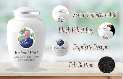 Personalized Photo Cremation Urns for Adult Ashes Male Female - 200lbs Custom Photo Burial Urns for Human Ashes - Engraved Handcrafted Funeral Decorative Urns for Adult with Velvet Bag,White