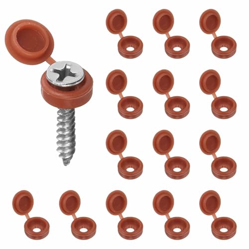 HARFINGTON 200pcs Plastic Hinged Screw Cover Caps 3.1mm / 0.12" Shutter Screw Caps Fold Snap Washer Covers for Windows Outside Railings Furniture, Brown - color: Brown, size: 0.12"