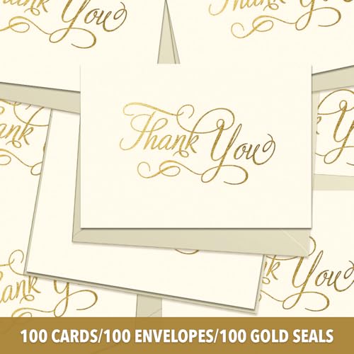 Designer Greetings Bulk Blank Thank You Cards for All Occasion, 100 Pack - size: 100 Pack Thank You Script - Beige & Gold
