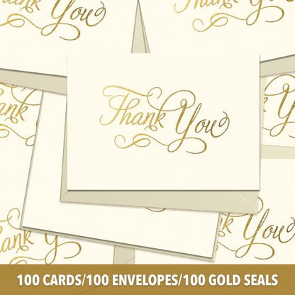 Designer Greetings Bulk Blank Thank You Cards for All Occasion, 100 Pack - size: 100 Pack Thank You Script - Beige & Gold