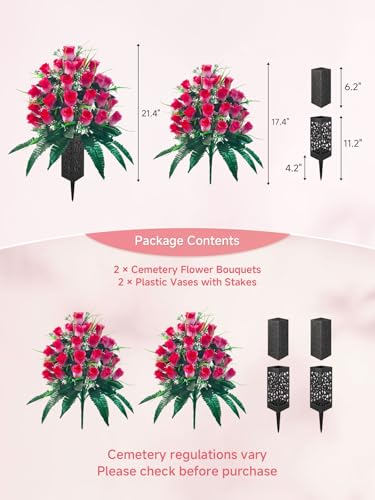 Mirevielyn 2 Pack 24-Stem Artificial Rose Cemetery Flowers with Vases - color: Pink
