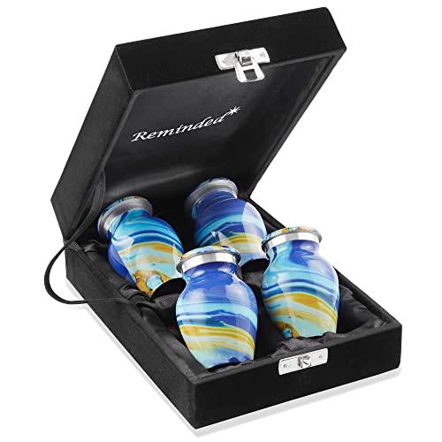 Reminded Small Keepsake Cremation Urns for Human Ashes, Set of 4 Blue Swirl Miniature Memorial Urns with Velvet Case and Bags