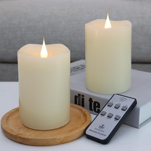 TECHLONG Flameless Candles Battery Operated with Remote Timer, 3D Moving Flame Flickering, Last 600+ Hours Battery Candles, 3" x 5" Ivory Real Wax Electric LED Candle for Wedding Party, Set of 2 - size: 3"x5"-2 Pack