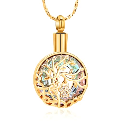 Imrsanl Tree of Life Urn Necklace for Ashes Paw Print Circle of Life Cremation Jewelry Keepsake Pendant Memorial Pet Ashes Holder for Women Men - color: Gold-Purple